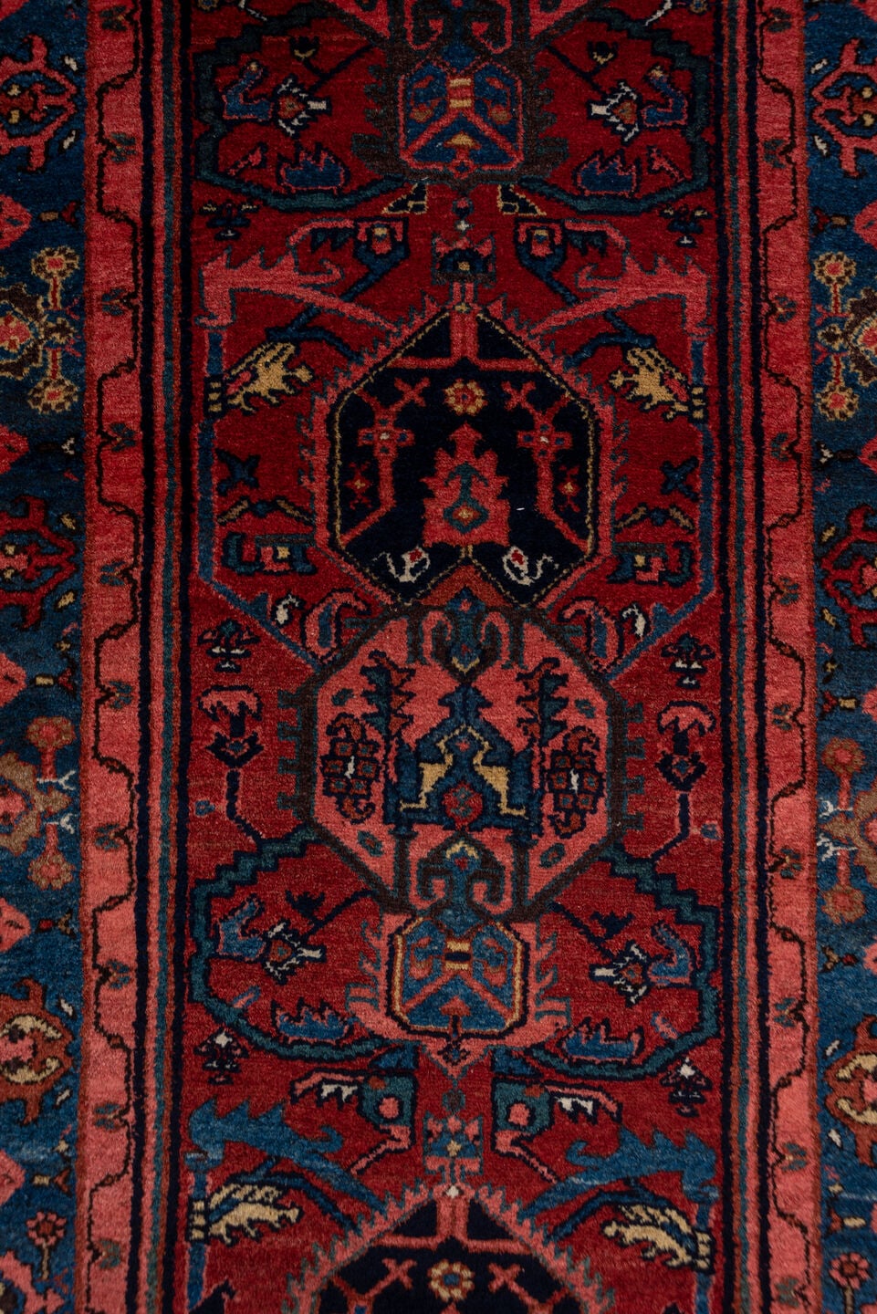 2' x 16' one-of-a-kind handmade vintage Malayer runner rug. Color palette: rust, navy, crimson, indigo, coral, ivory