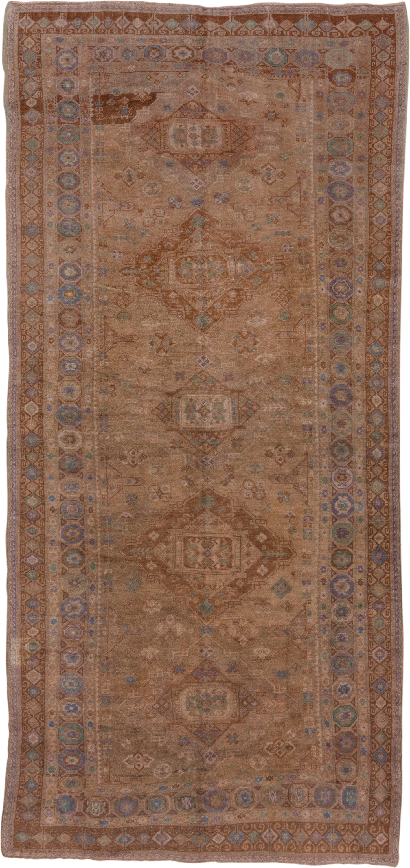 5' x 11' one-of-a-kind handmade vintage Oushak runner rug. Color palette: taupe, tan, camel, dusty blue, ivory, rust, sage