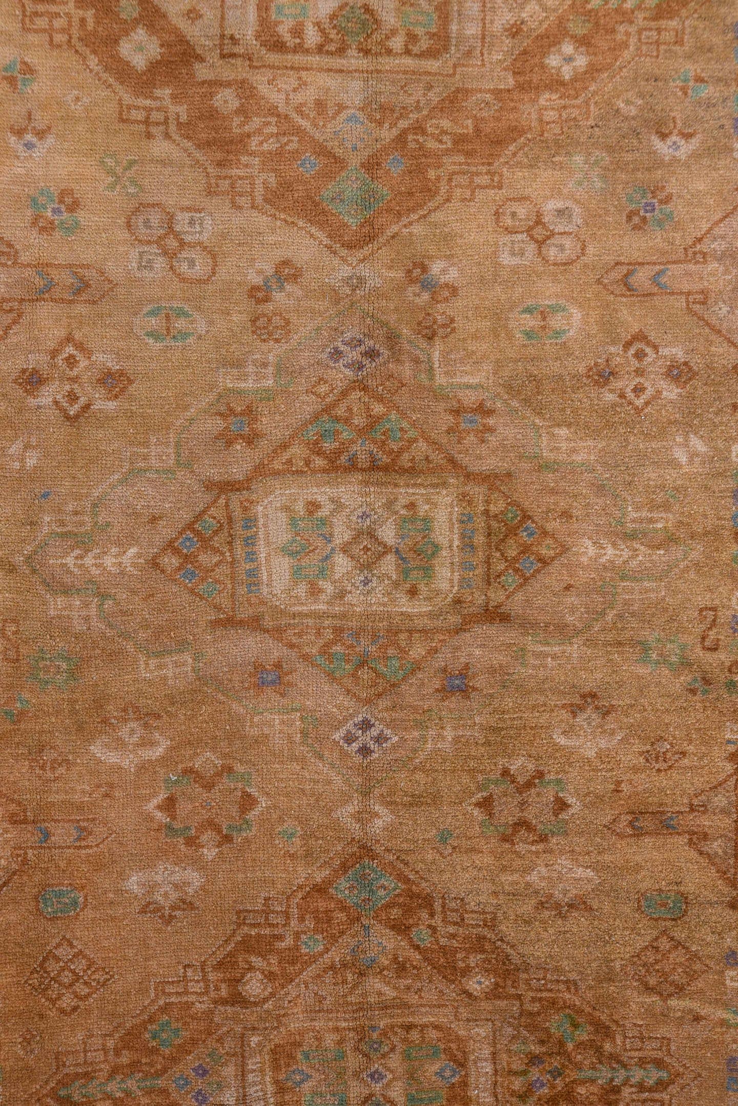 5' x 11' one-of-a-kind handmade vintage Oushak runner rug. Color palette: taupe, tan, camel, dusty blue, ivory, rust, sage