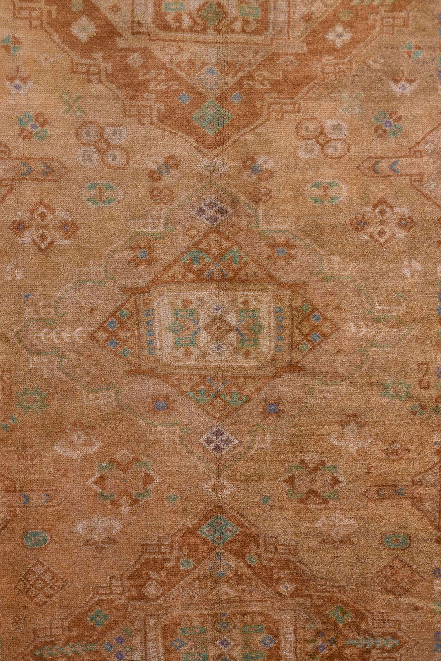 5' x 11' one-of-a-kind handmade vintage Oushak runner rug. Color palette: taupe, tan, camel, dusty blue, ivory, rust, sage