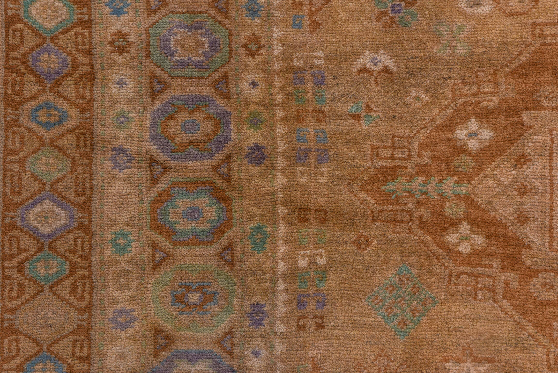 5' x 11' one-of-a-kind handmade vintage Oushak runner rug. Color palette: taupe, tan, camel, dusty blue, ivory, rust, sage
