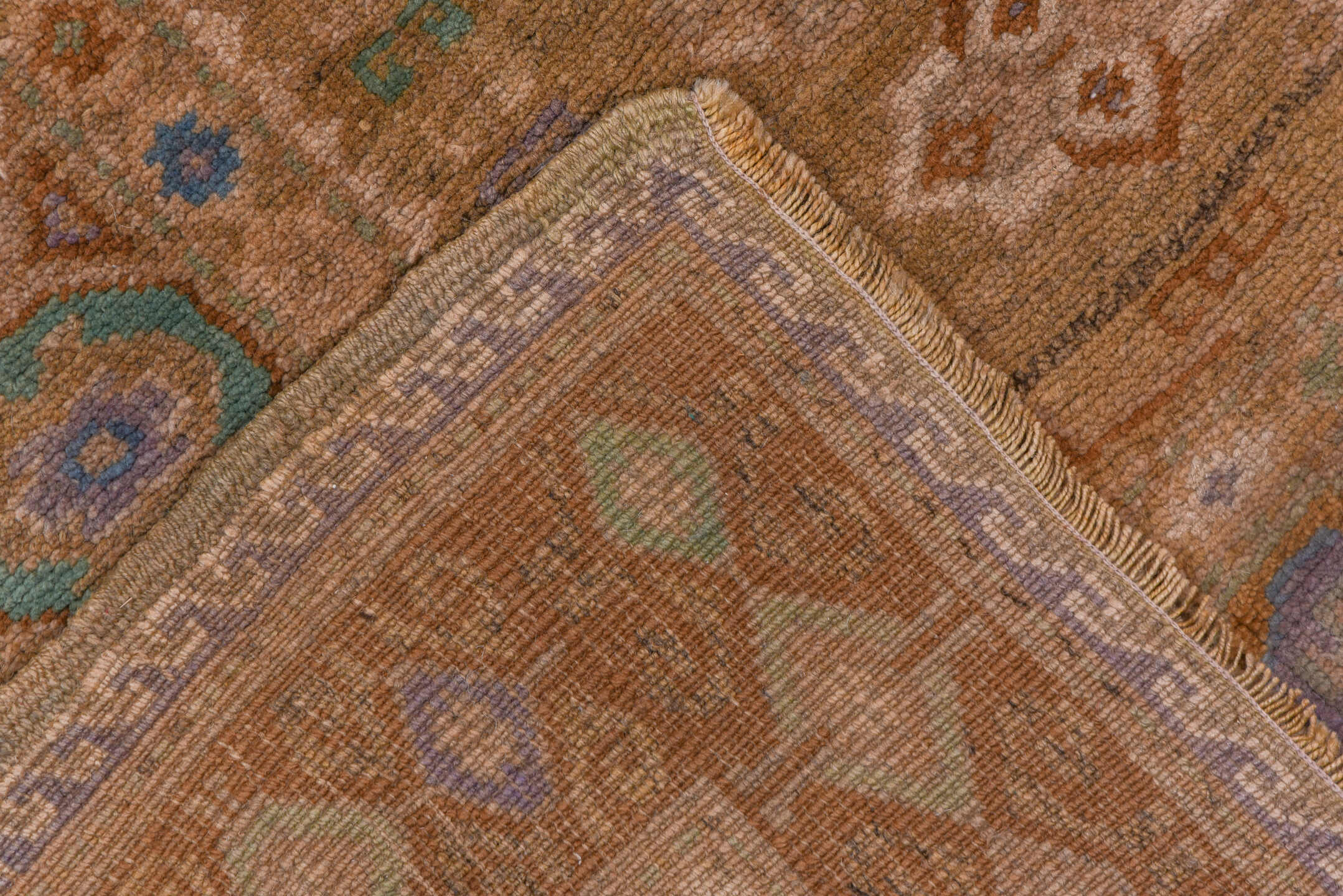 5' x 11' one-of-a-kind handmade vintage Oushak runner rug. Color palette: taupe, tan, camel, dusty blue, ivory, rust, sage
