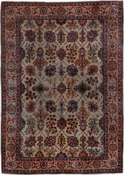 7' x 10' one-of-a-kind handmade vintage Kazvin large size rug. Color palette: ivory, navy, rust, sky blue, burgundy, camel