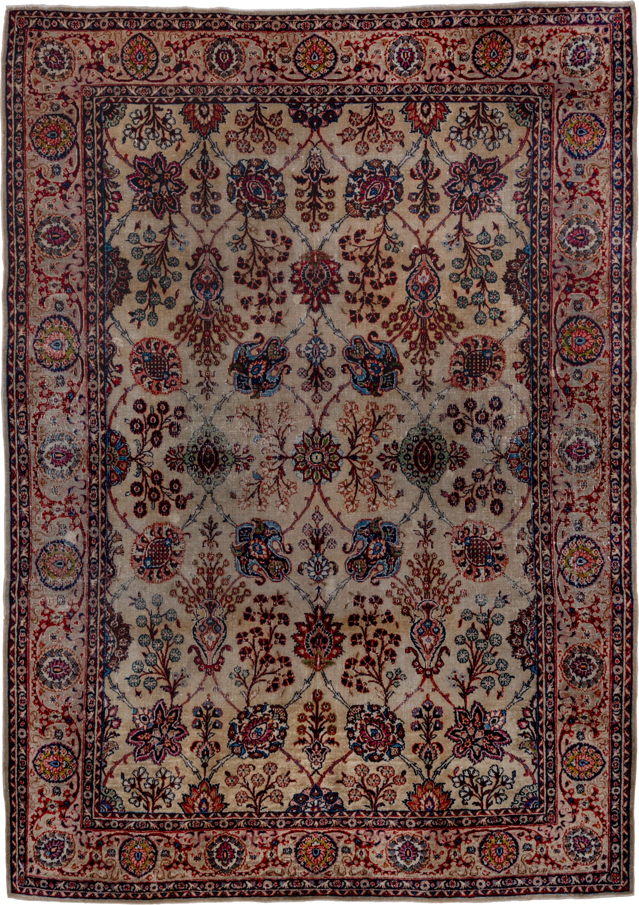 7' x 10' one-of-a-kind handmade vintage Kazvin large size rug. Color palette: ivory, navy, rust, sky blue, burgundy, camel