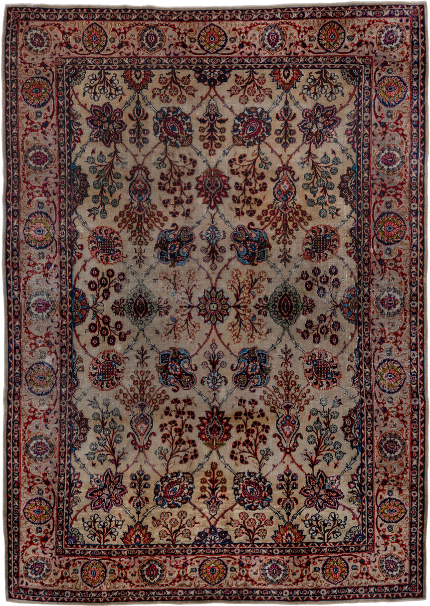 7' x 10' one-of-a-kind handmade vintage Kazvin large size rug. Color palette: ivory, navy, rust, sky blue, burgundy, camel