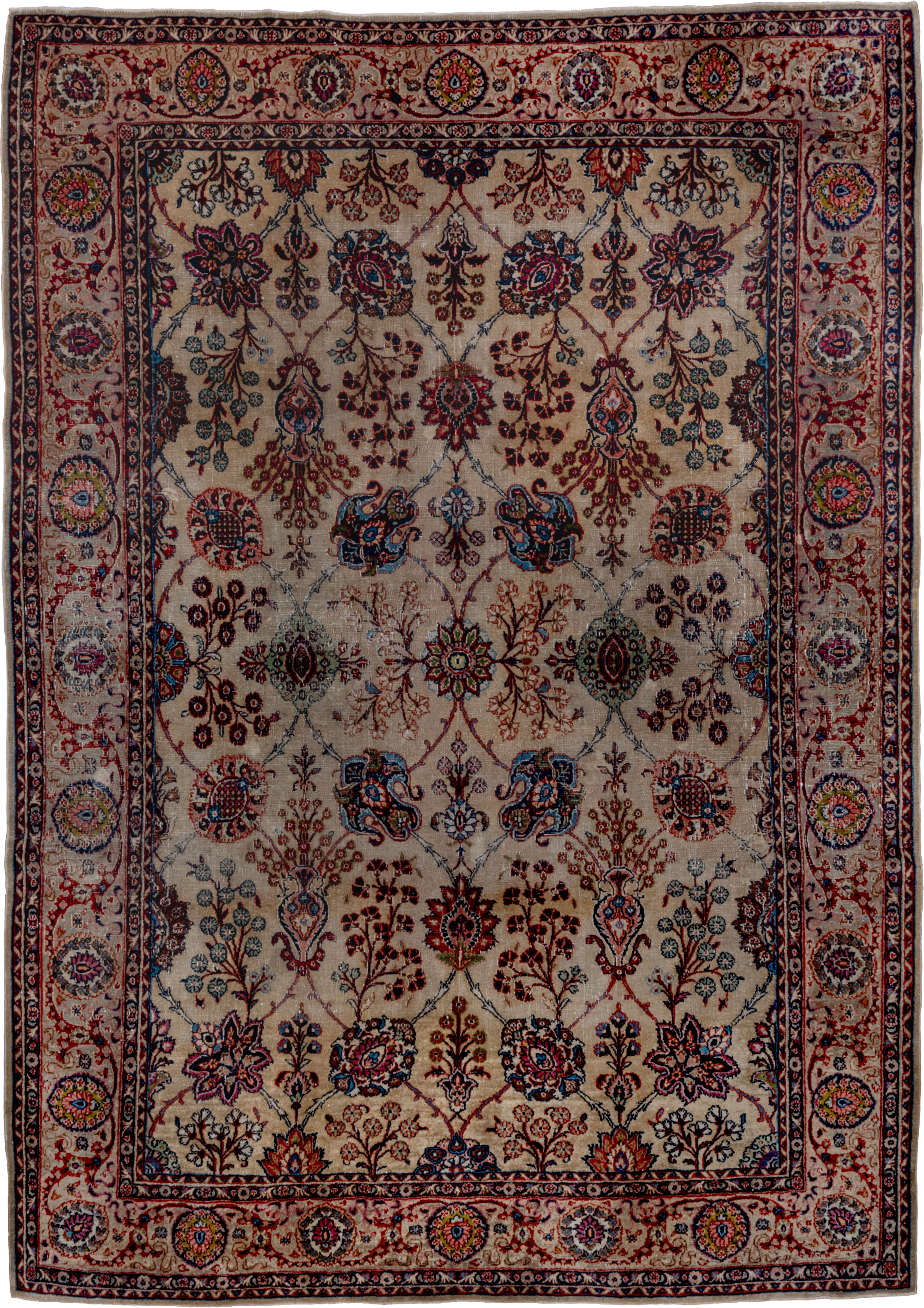 7' x 10' one-of-a-kind handmade vintage Kazvin large size rug. Color palette: ivory, navy, rust, sky blue, burgundy, camel