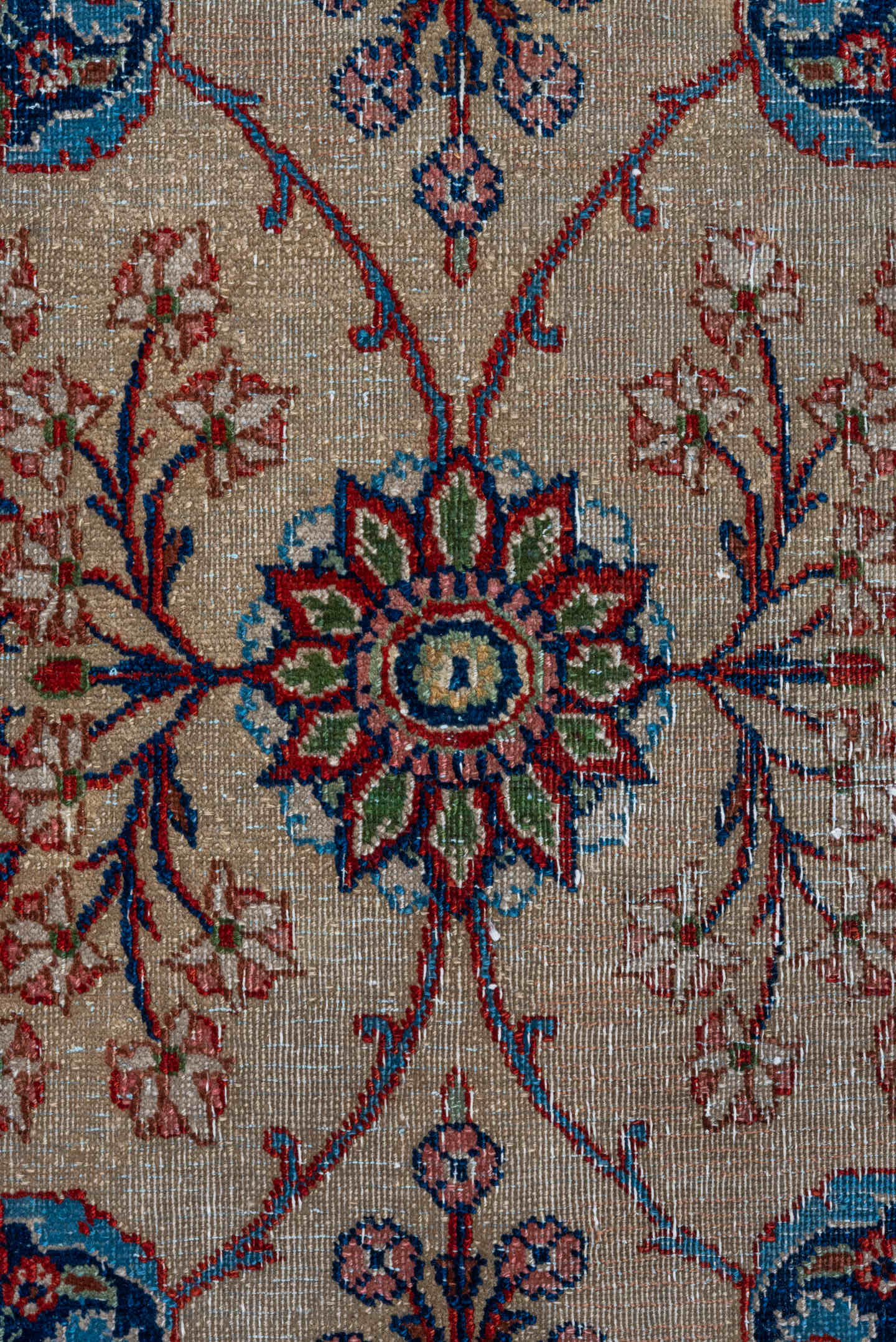 7' x 10' one-of-a-kind handmade vintage Kazvin large size rug. Color palette: ivory, navy, rust, sky blue, burgundy, camel