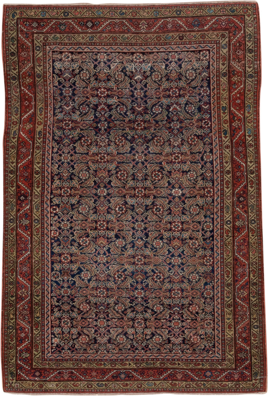 4' x 6' one-of-a-kind handmade antique Malayer small size rug. Color palette: navy, rust, ivory, camel, rose, slate, blue