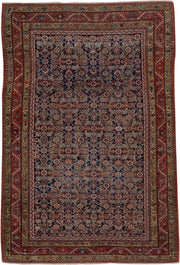 4' x 6' one-of-a-kind handmade antique Malayer small size rug. Color palette: navy, rust, ivory, camel, rose, slate, blue