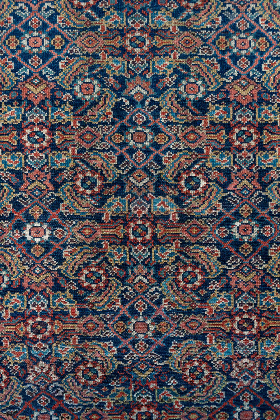 4' x 6' one-of-a-kind handmade antique Malayer small size rug. Color palette: navy, rust, ivory, camel, rose, slate, blue