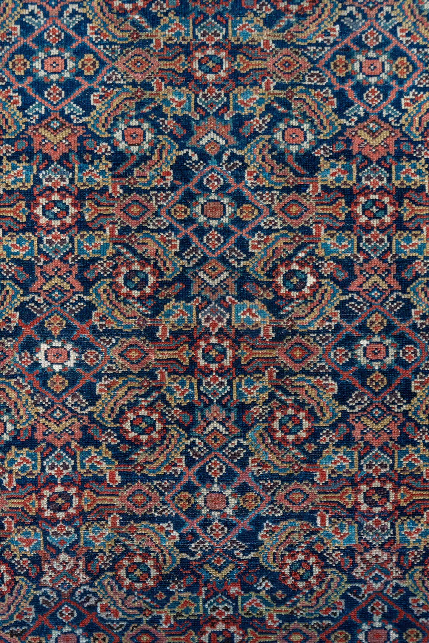 4' x 6' one-of-a-kind handmade antique Malayer small size rug. Color palette: navy, rust, ivory, camel, rose, slate, blue