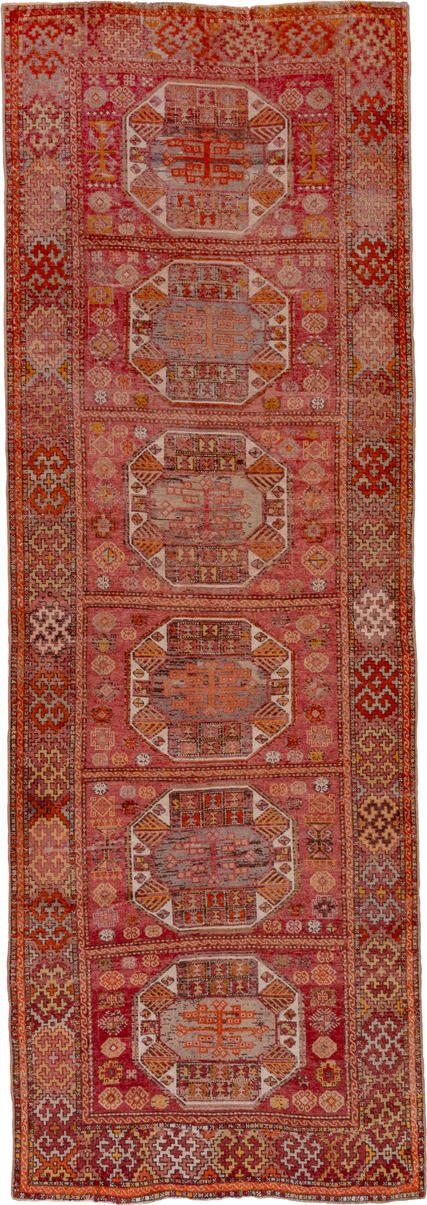 4' x 11' one-of-a-kind handmade vintage Oushak runner rug. Color palette: rose, rust, terra cotta, ivory, salmon, gold