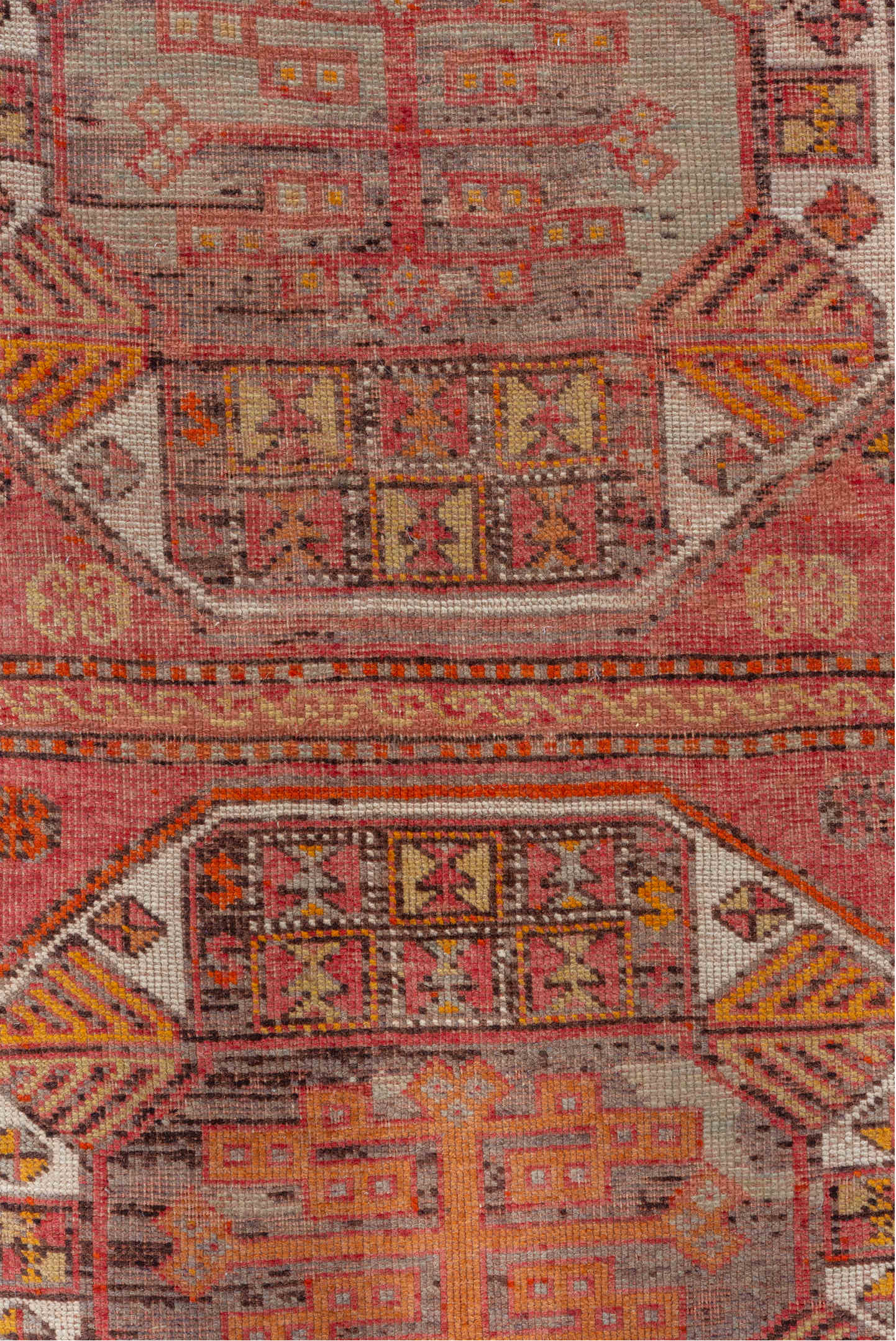 4' x 11' one-of-a-kind handmade vintage Oushak runner rug. Color palette: brown, maroon, pink, red, sienna