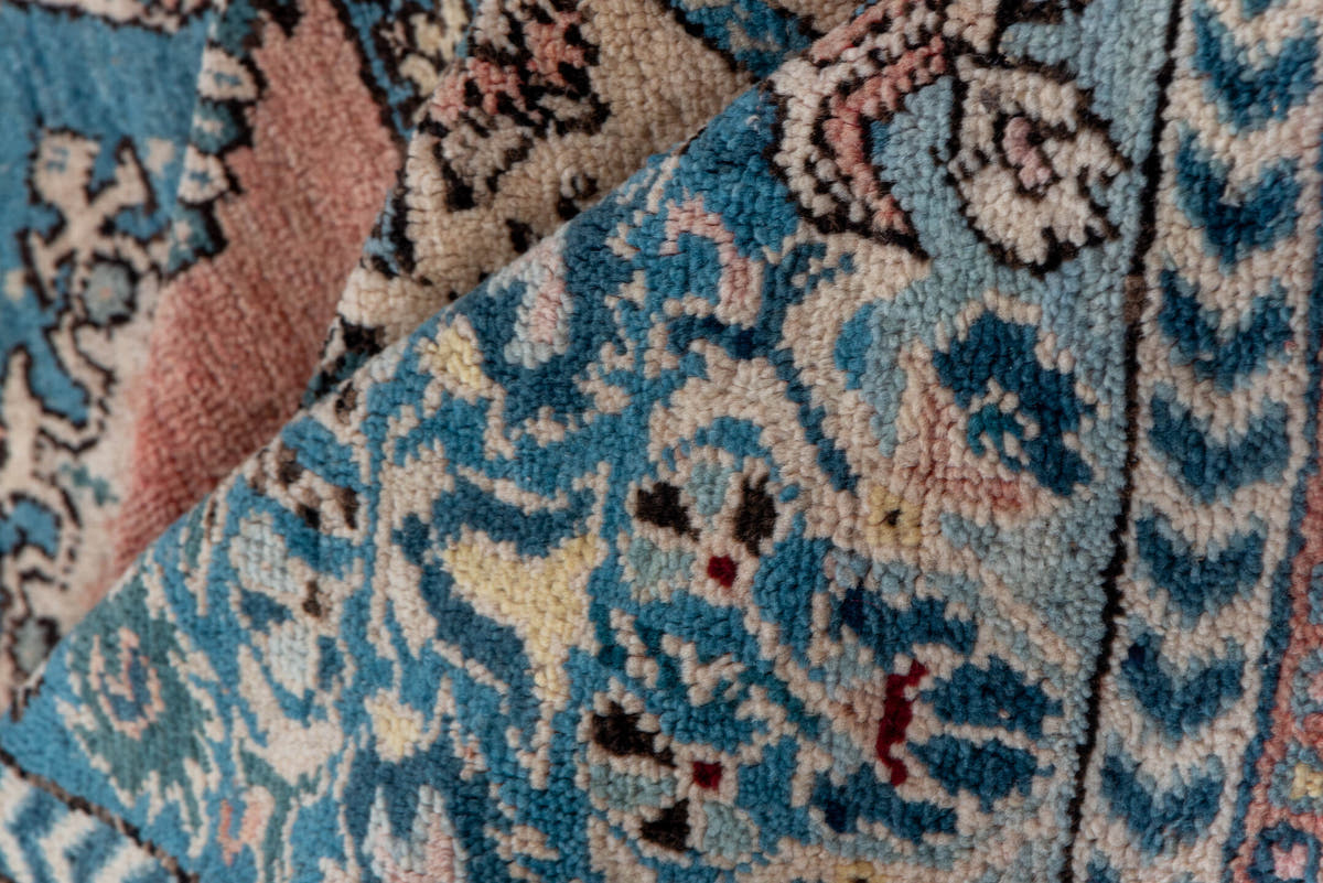 6' x 14' one-of-a-kind handmade antique Moroccan large size rug. Color palette: blue, salmon, ivory, navy, sky_blue, rose