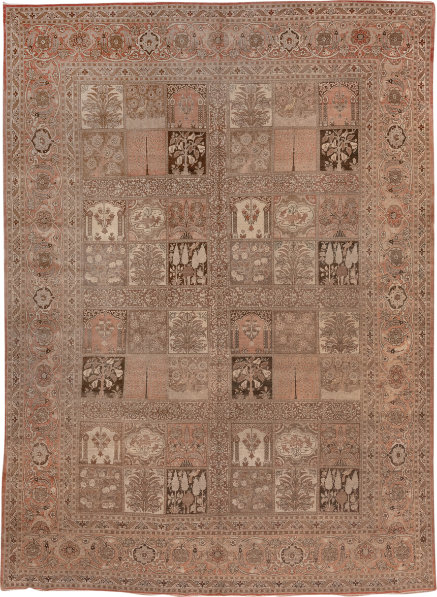 9' x 13' one-of-a-kind handmade antique Tabriz large size rug. Color palette: taupe, rose, ivory, brown, camel, terra cotta