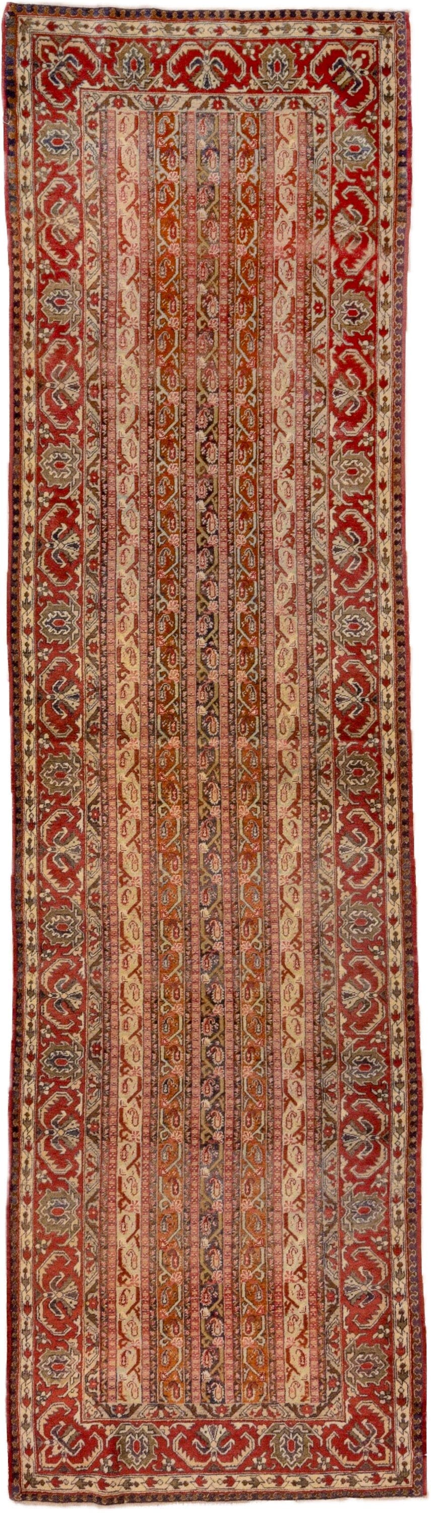 3' x 11' one-of-a-kind handmade vintage Sivas runner rug. Color palette: rust, ivory, terra cotta, slate, camel, rose, navy
