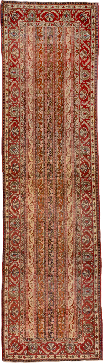 3' x 11' one-of-a-kind handmade vintage Sivas runner rug. Color palette: rust, ivory, terra cotta, slate, camel, rose, navy