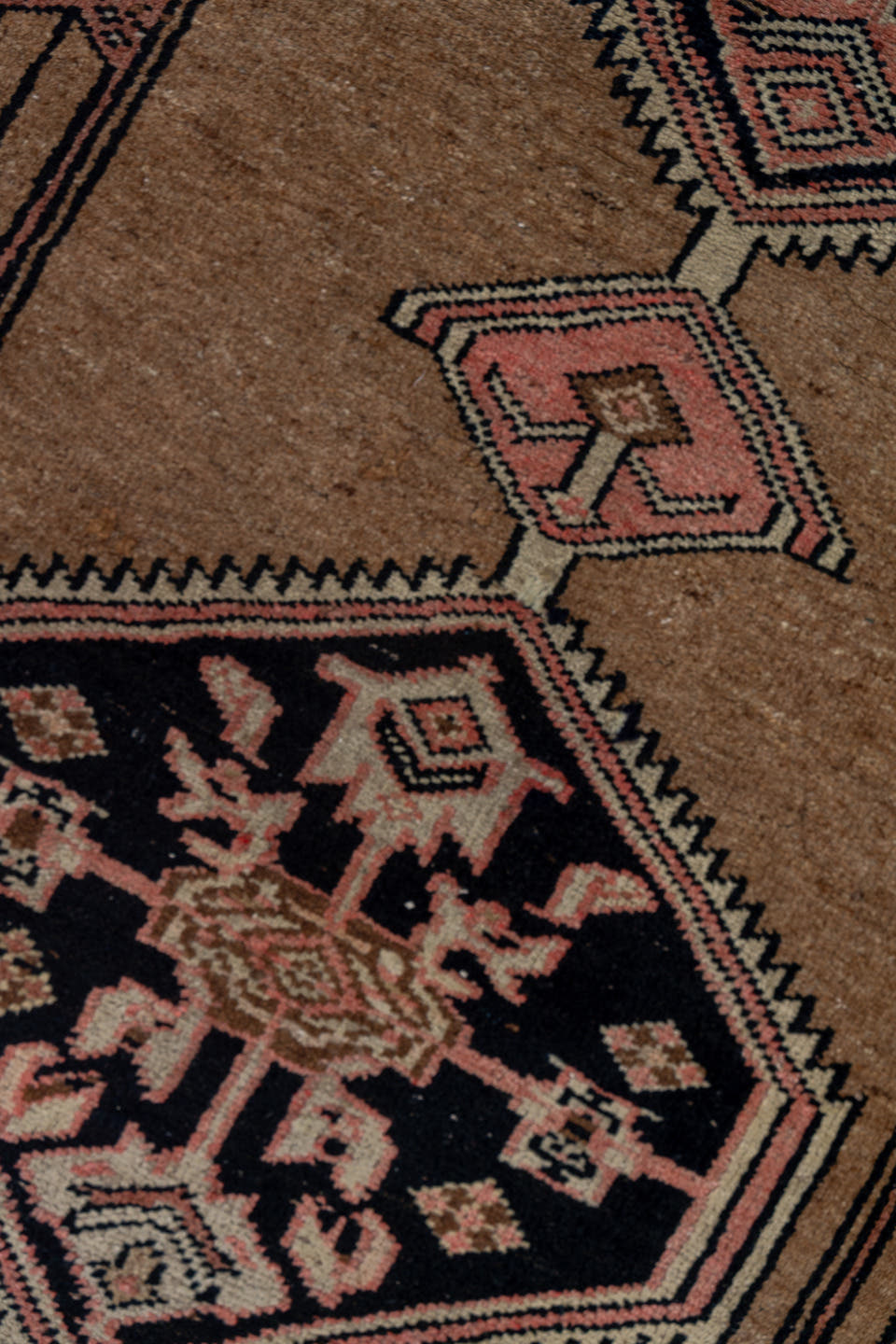 3' x 13' one-of-a-kind handmade antique Sarab runner rug. Color palette: camel, navy, rust, rose, ivory, brown, beige, blue