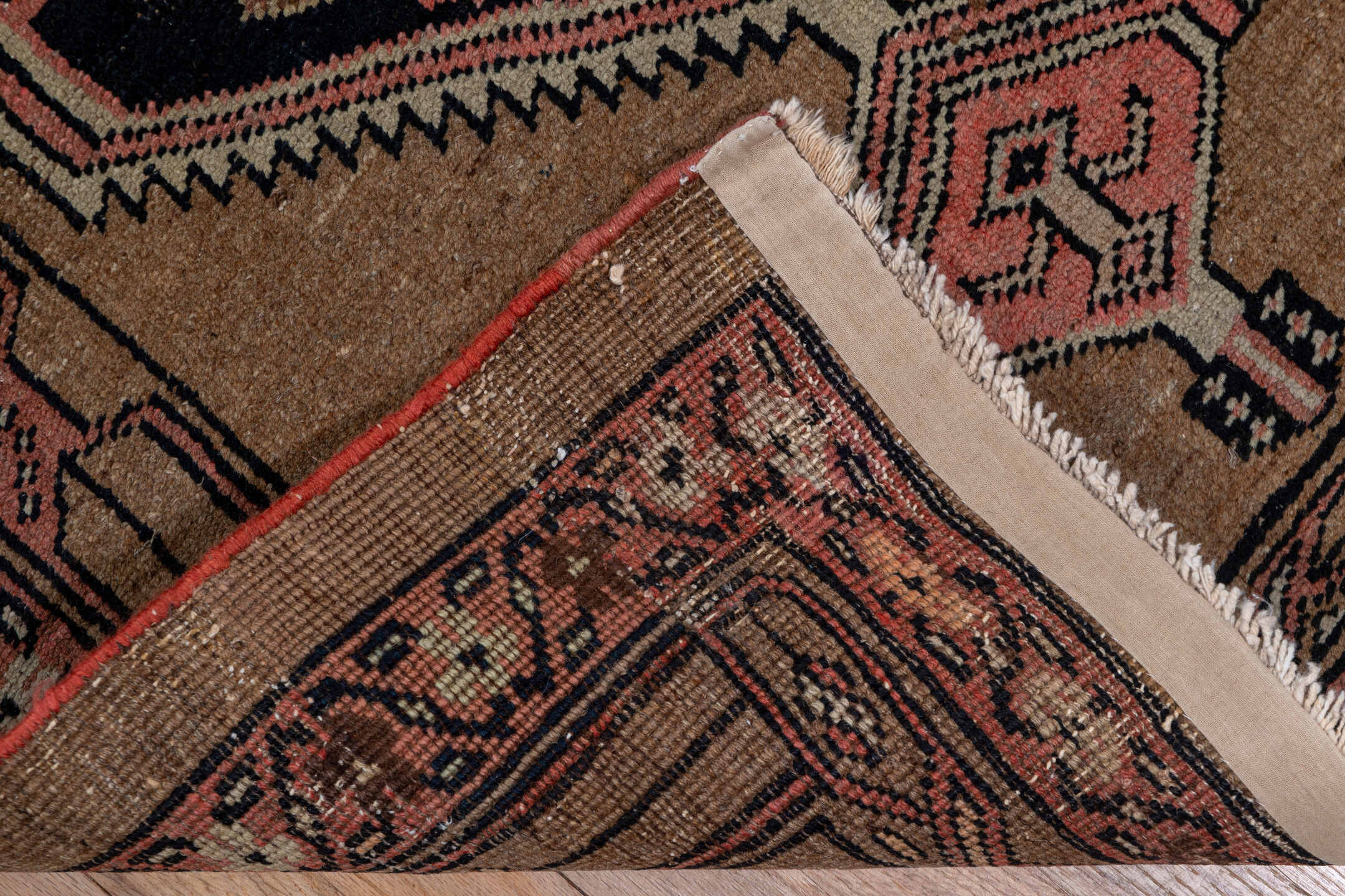 3' x 13' one-of-a-kind handmade antique Sarab runner rug. Color palette: camel, navy, rust, rose, ivory, brown, beige, blue