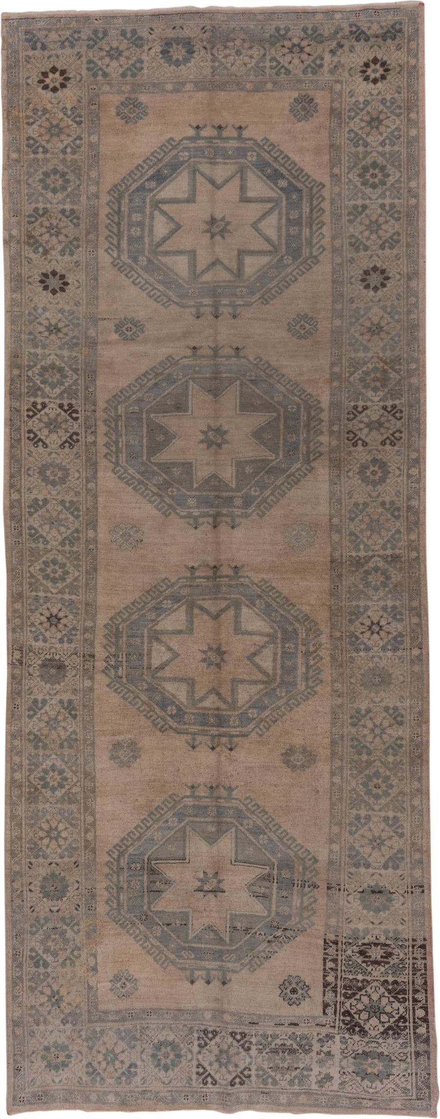 5' x 13' one-of-a-kind handmade vintage Oushak rug. Color palette: taupe, slate, ivory, sage, charcoal, brown, beige, gray