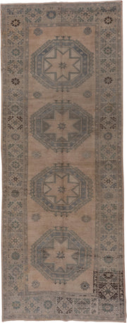 5' x 13' one-of-a-kind handmade vintage Oushak rug. Color palette: taupe, slate, ivory, sage, charcoal, brown, beige, gray