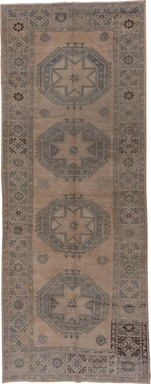 5' x 13' one-of-a-kind handmade vintage Oushak rug. Color palette: taupe, slate, ivory, sage, charcoal, brown, beige, gray