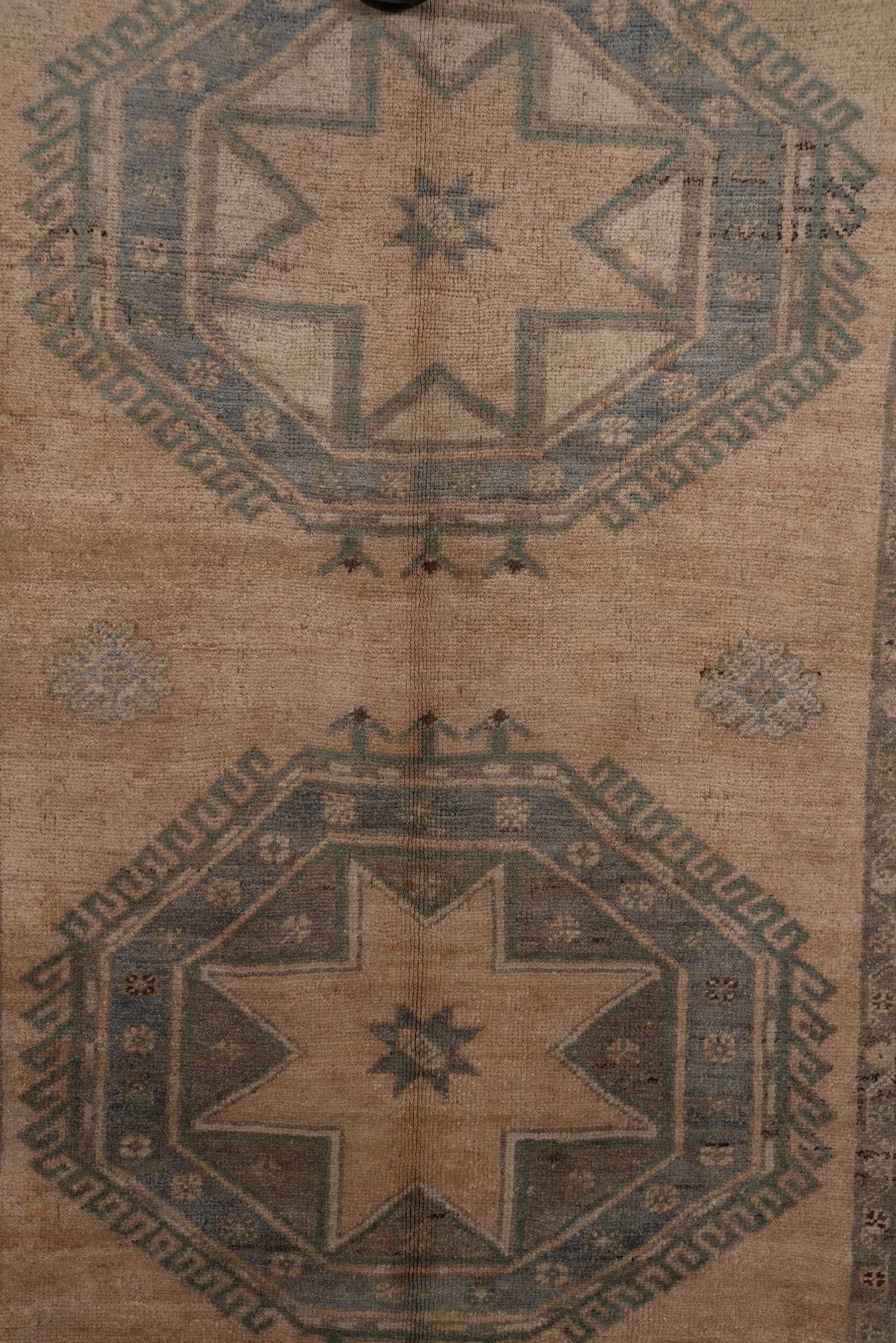 5' x 13' one-of-a-kind handmade vintage Oushak rug. Color palette: taupe, slate, ivory, sage, charcoal, brown, beige, gray