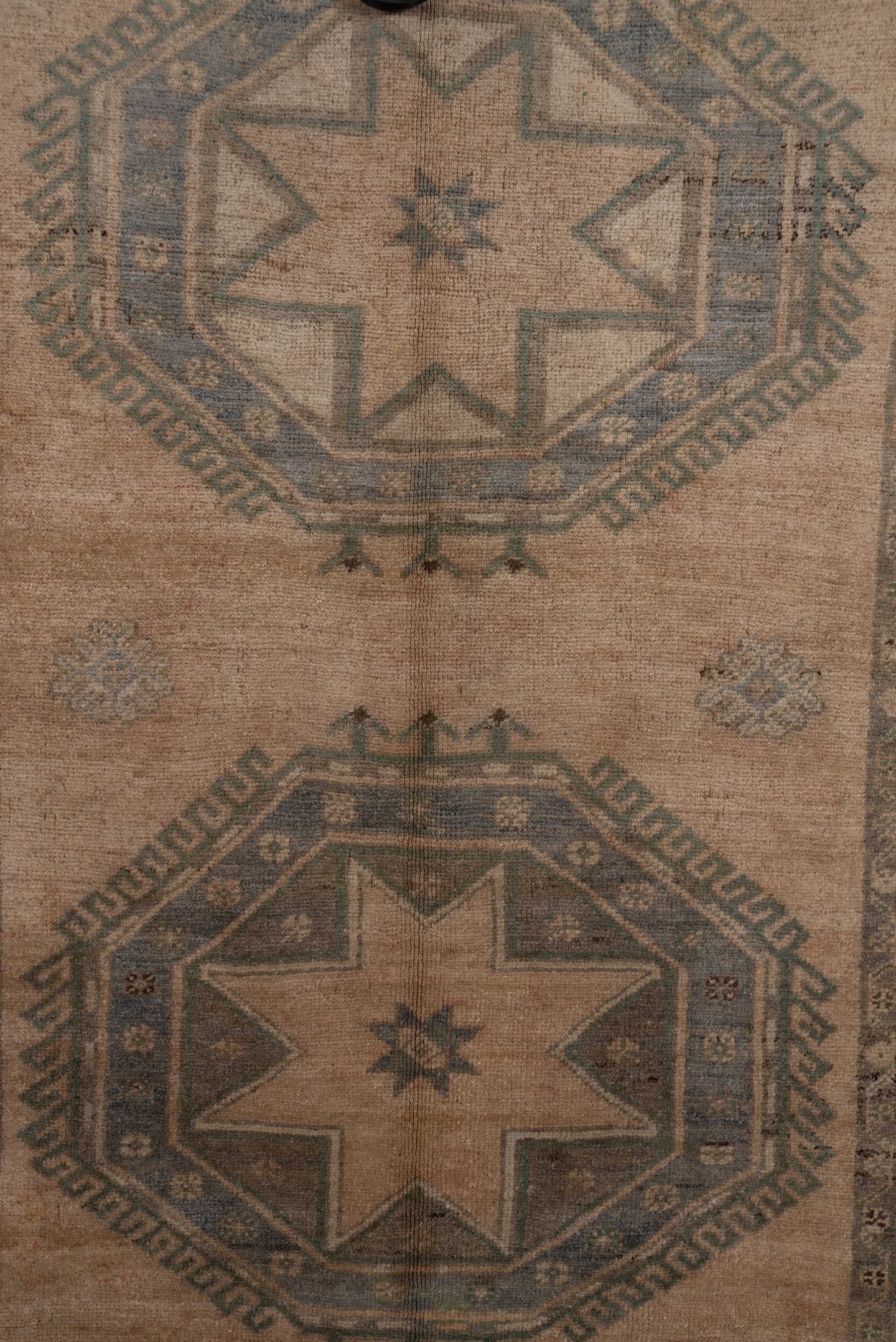 5' x 13' one-of-a-kind handmade vintage Oushak rug. Color palette: taupe, slate, ivory, sage, charcoal, brown, beige, gray