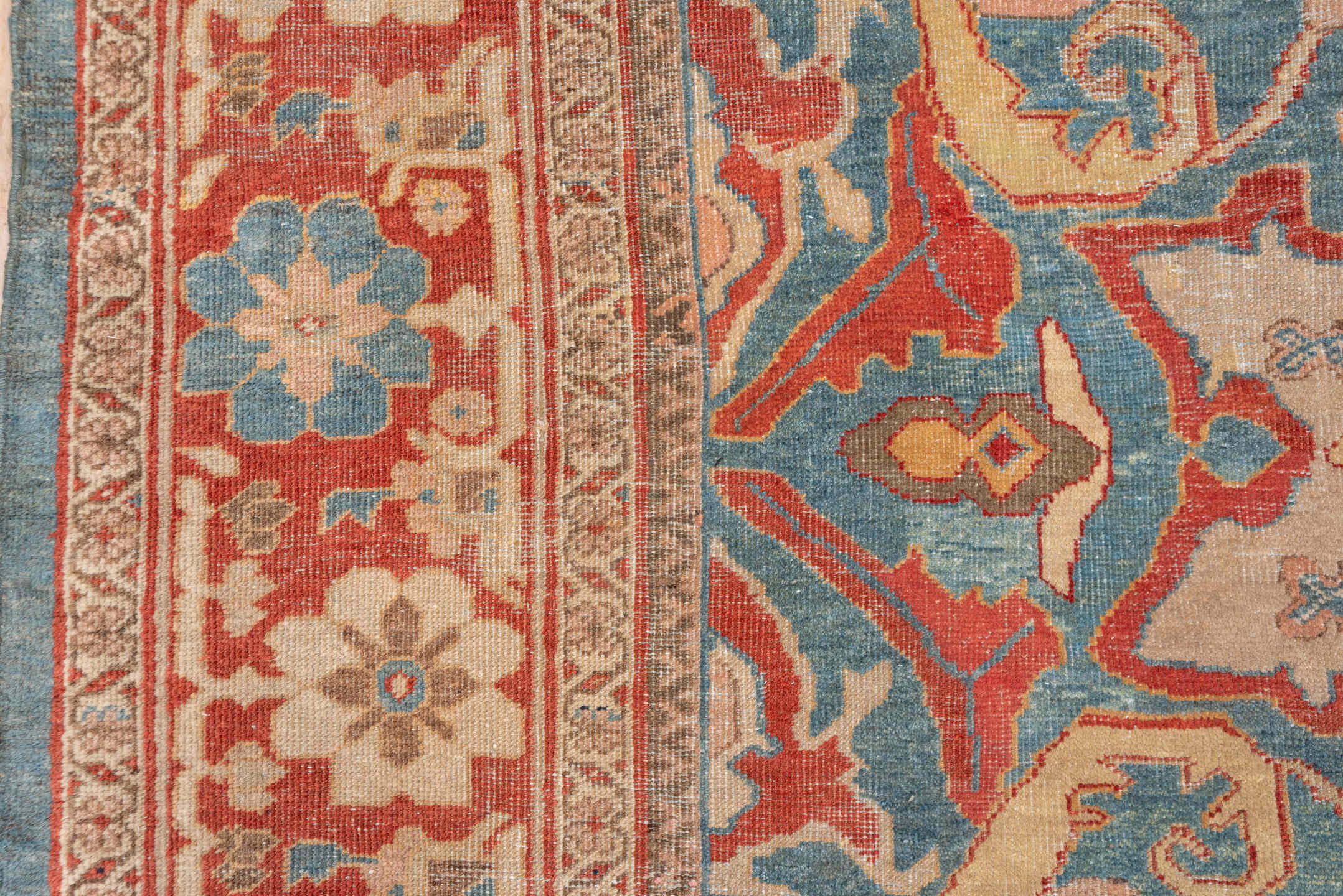 12' x 15' one-of-a-kind handmade antique Sultanabad oversize rug. Color palette: turquoise, terra cotta, ivory, taupe