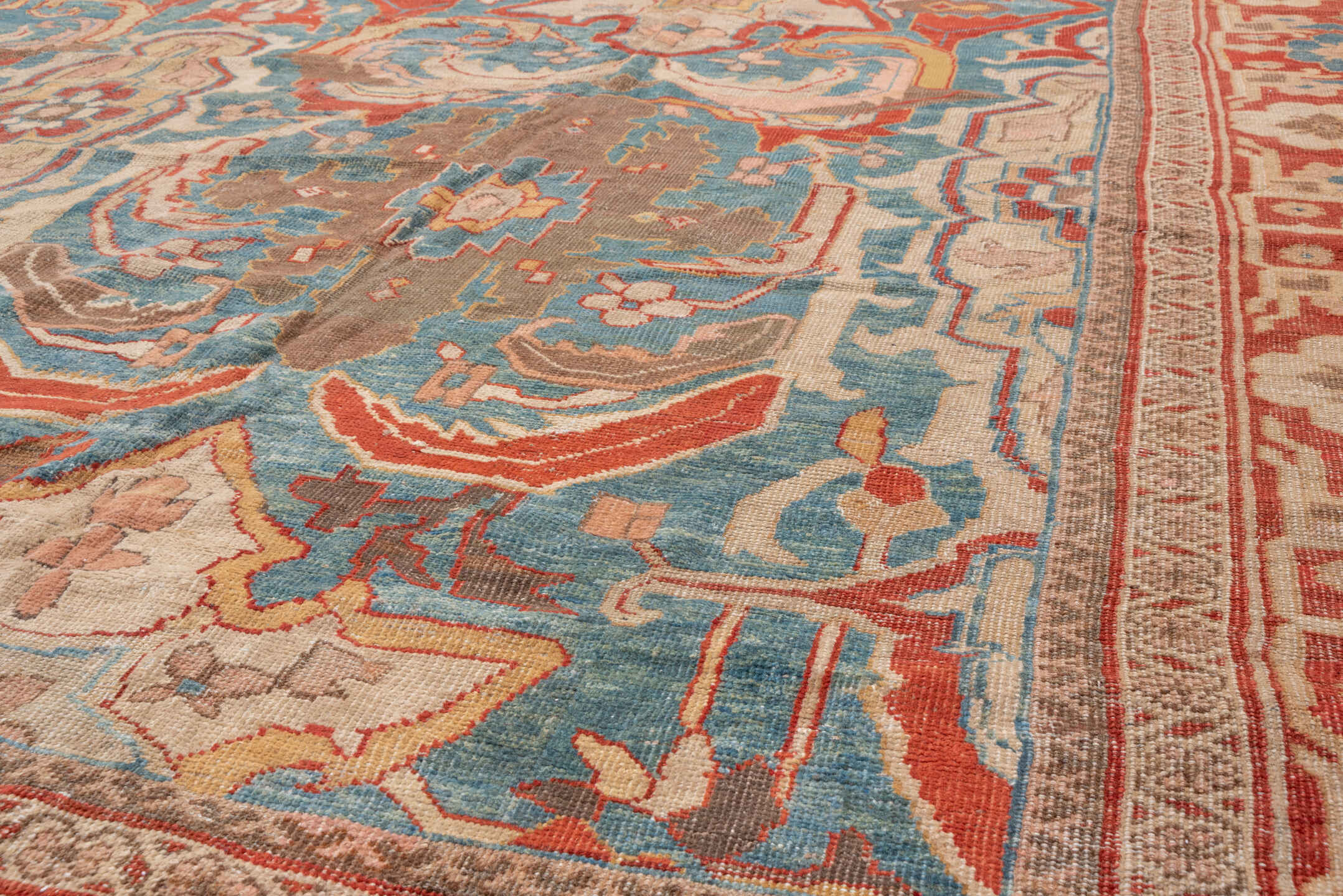 12' x 15' one-of-a-kind handmade antique Sultanabad oversize rug. Color palette: turquoise, terra cotta, ivory, taupe