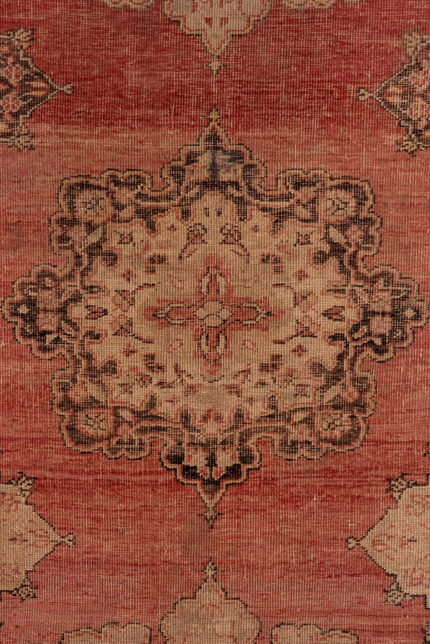 5' x 13' one-of-a-kind handmade vintage Oushak rug. Color palette: rose, blush, ivory, taupe, burgundy, brown, pink, red