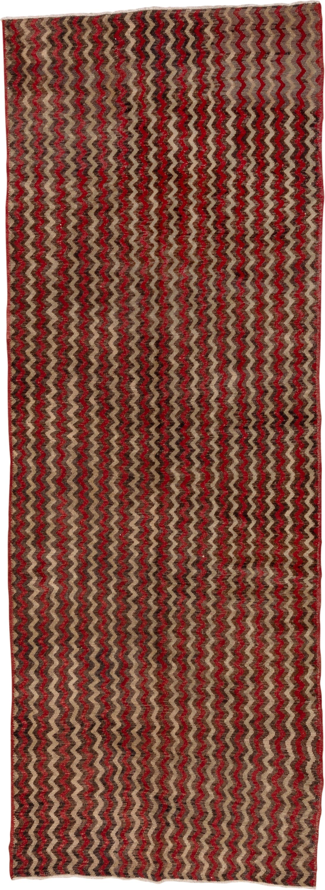 4' x 12' one-of-a-kind handmade vintage Tulu runner rug. Color palette: brown, red, taupe, charcoal, beige, gray, black