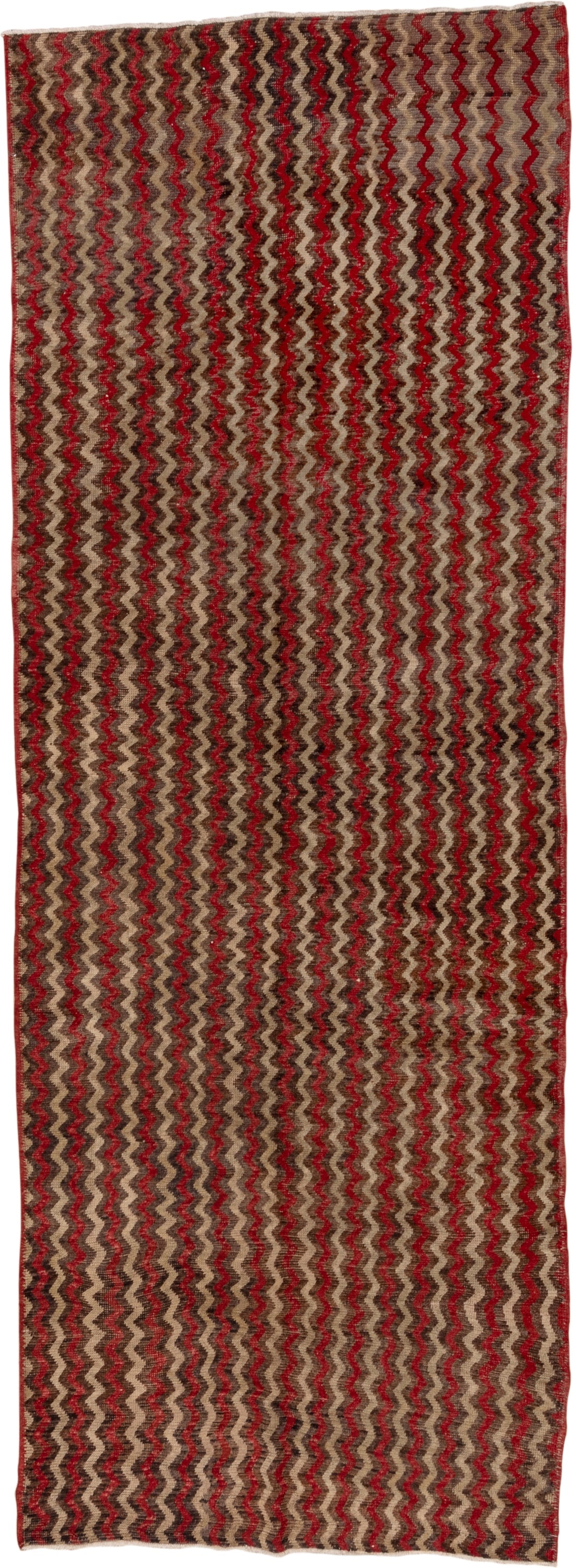 4' x 12' one-of-a-kind handmade vintage Tulu runner rug. Color palette: brown, red, taupe, charcoal, beige, gray, black