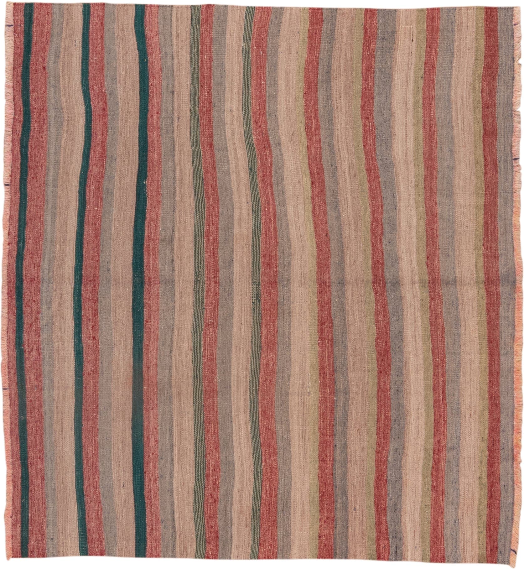 5' x 5' one-of-a-kind handmade vintage Kilim rug. Color palette: taupe, blush, rust, sage, teal, gray, beige, pink