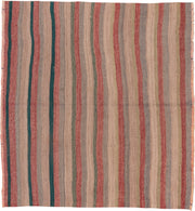 5' x 5' one-of-a-kind handmade vintage Kilim rug. Color palette: taupe, blush, rust, sage, teal, gray, beige, pink