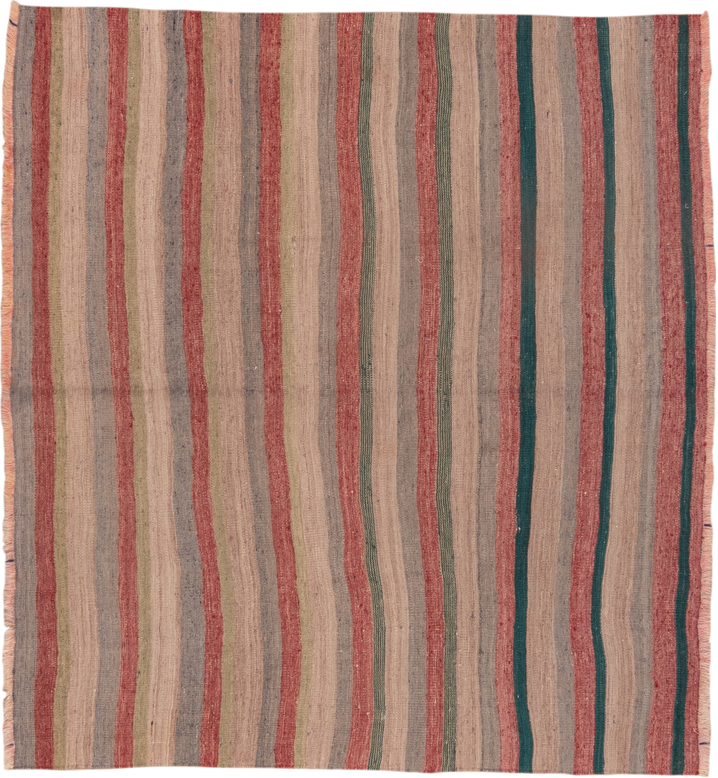 5' x 5' one-of-a-kind handmade vintage Kilim rug. Color palette: blue, brown, gray, orange, pink, red