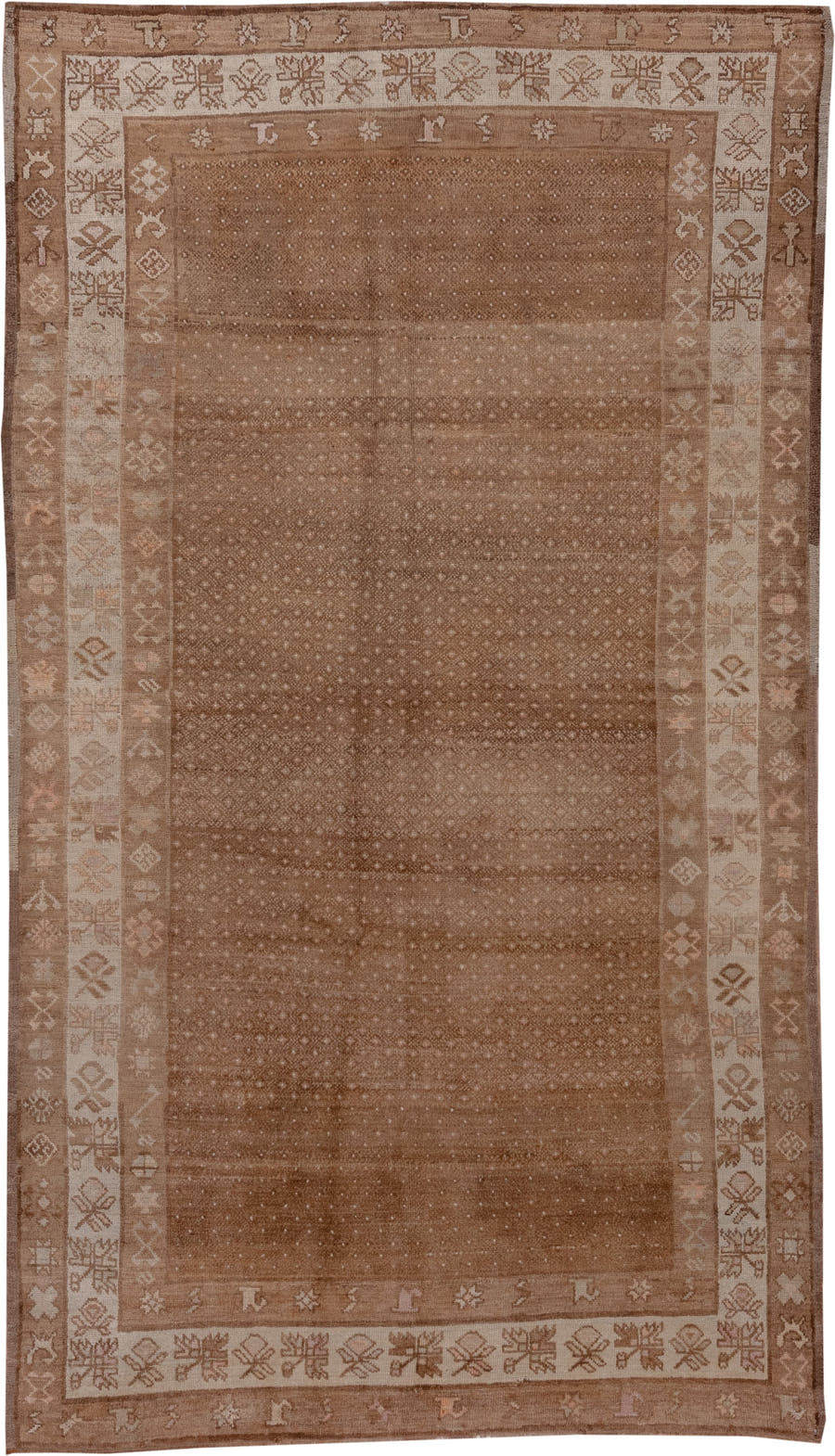 5' x 10' one-of-a-kind handmade vintage Oushak medium size rug. Color palette: camel, taupe, beige, ivory, sand, brown, gray