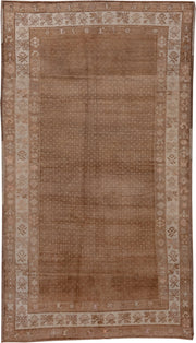 5' x 10' one-of-a-kind handmade vintage Oushak medium size rug. Color palette: camel, taupe, beige, ivory, sand, brown, gray