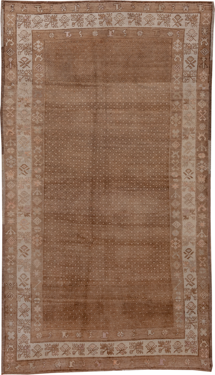 5' x 10' one-of-a-kind handmade vintage Oushak medium size rug. Color palette: camel, taupe, beige, ivory, sand, brown, gray