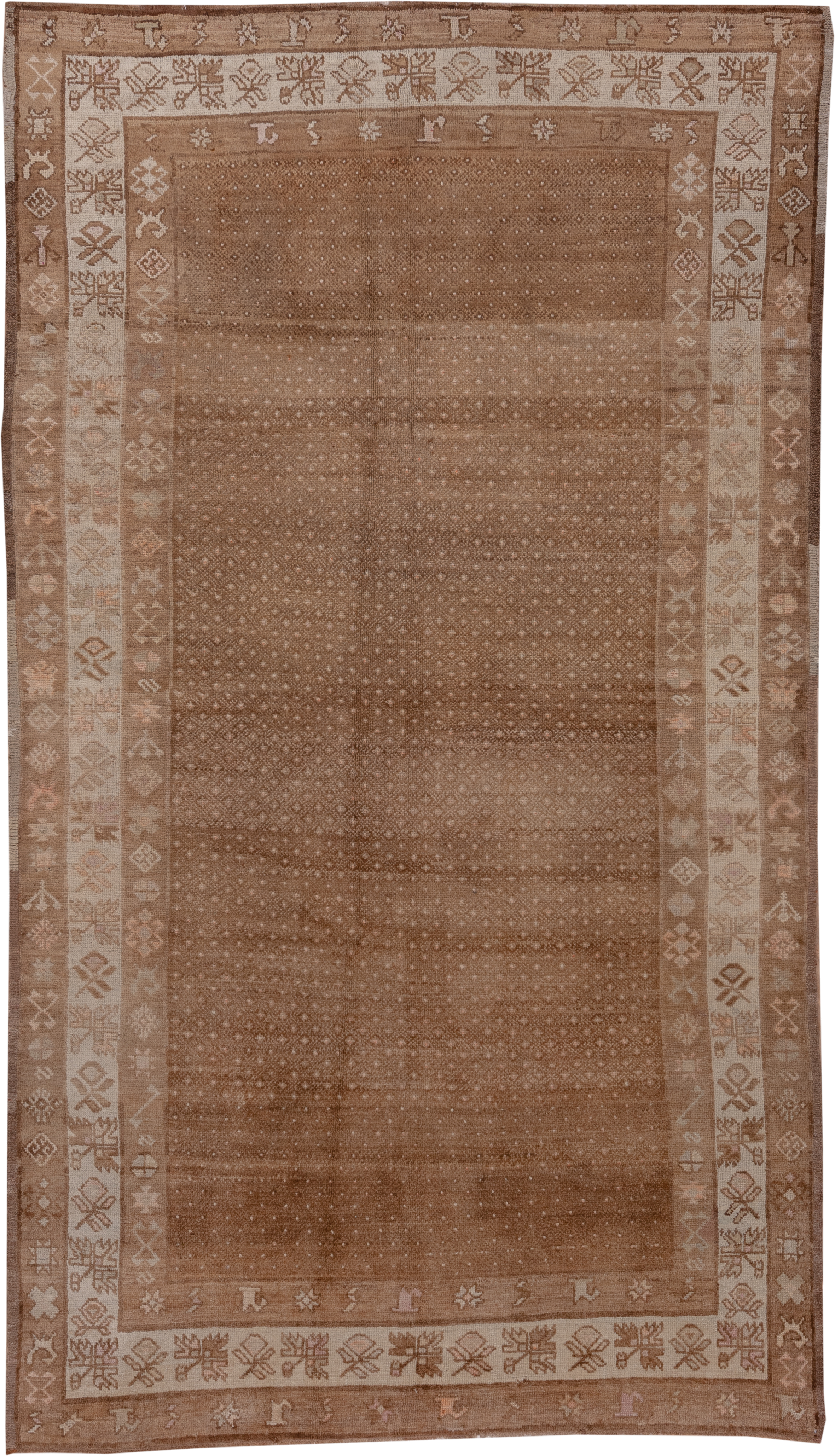 5' x 10' one-of-a-kind handmade vintage Oushak medium size rug. Color palette: camel, taupe, beige, ivory, sand, brown, gray