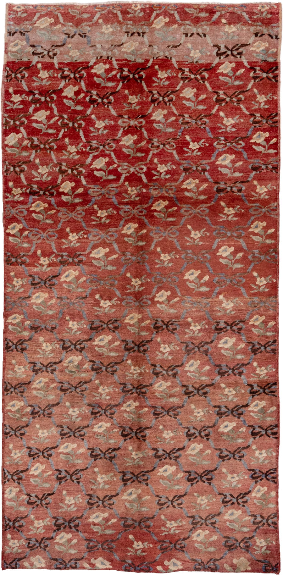 5' x 11' one-of-a-kind handmade vintage Oushak rug. Color palette: terra cotta, rose, ivory, slate, charcoal, sage, rust