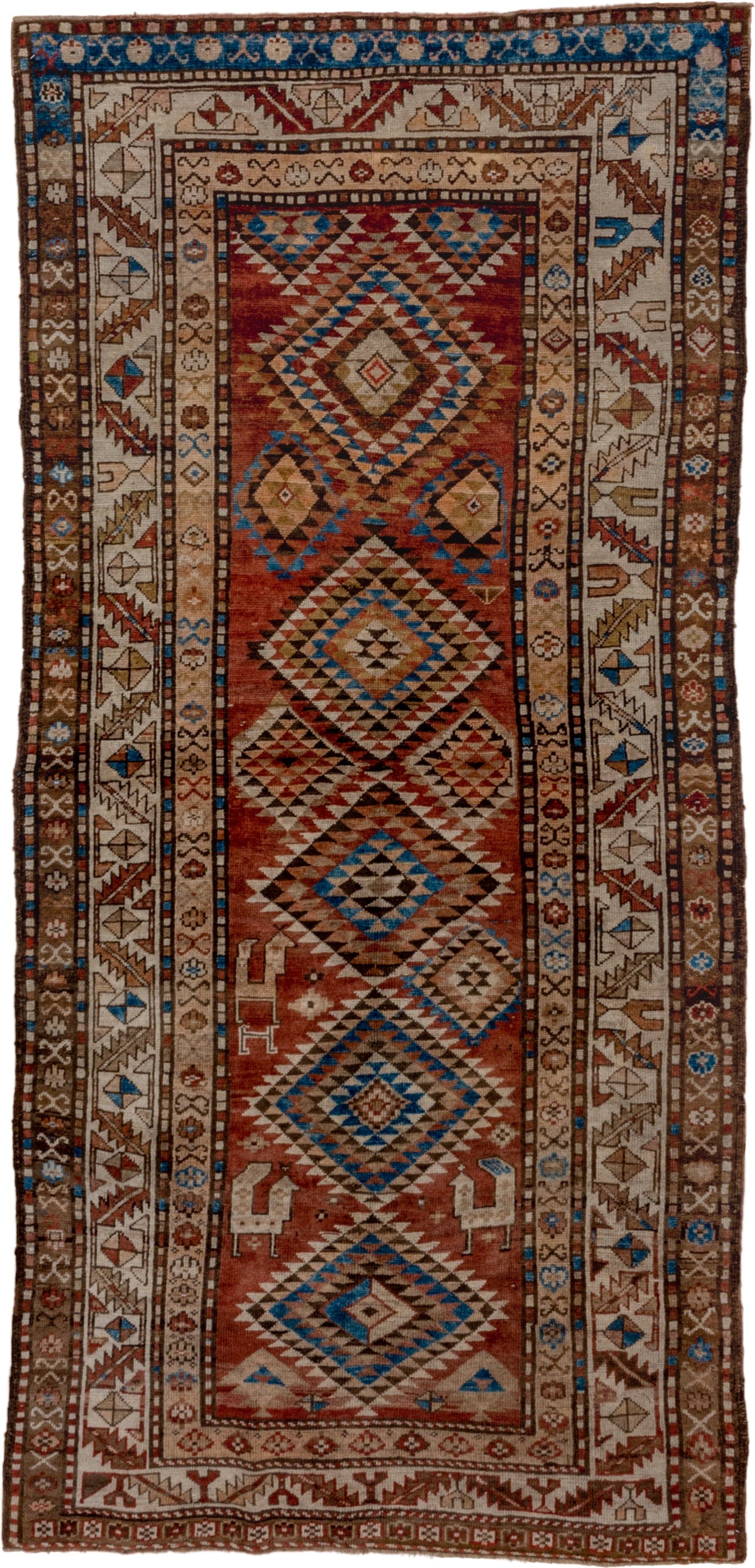 4' x 9' one-of-a-kind handmade vintage Kurd runner rug. Color palette: rust, ivory, brown, sky_blue, camel, taupe, charcoal