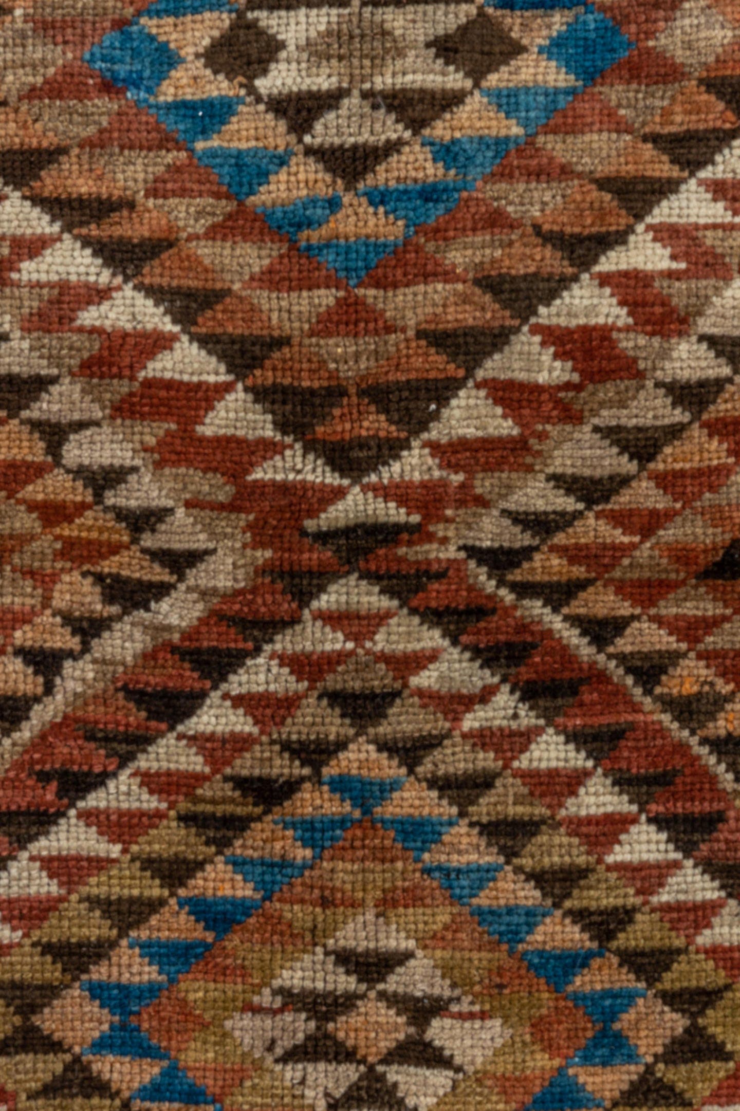 4' x 9' one-of-a-kind handmade vintage Kurd runner rug. Color palette: rust, ivory, brown, sky_blue, camel, taupe, charcoal