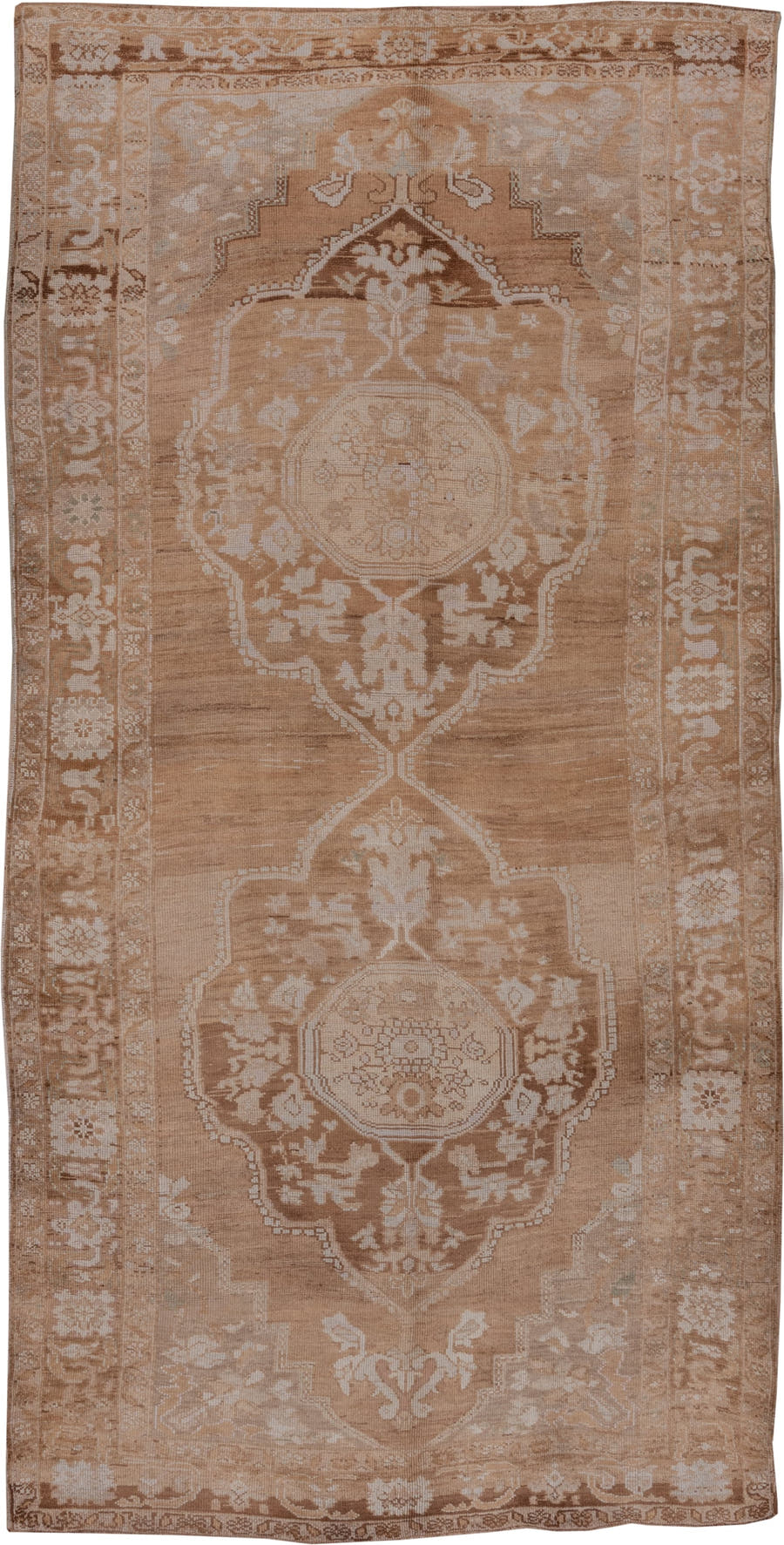 6' x 12' one-of-a-kind handmade vintage Oushak large size rug. Color palette: camel, ivory, taupe, beige, sand, light brown
