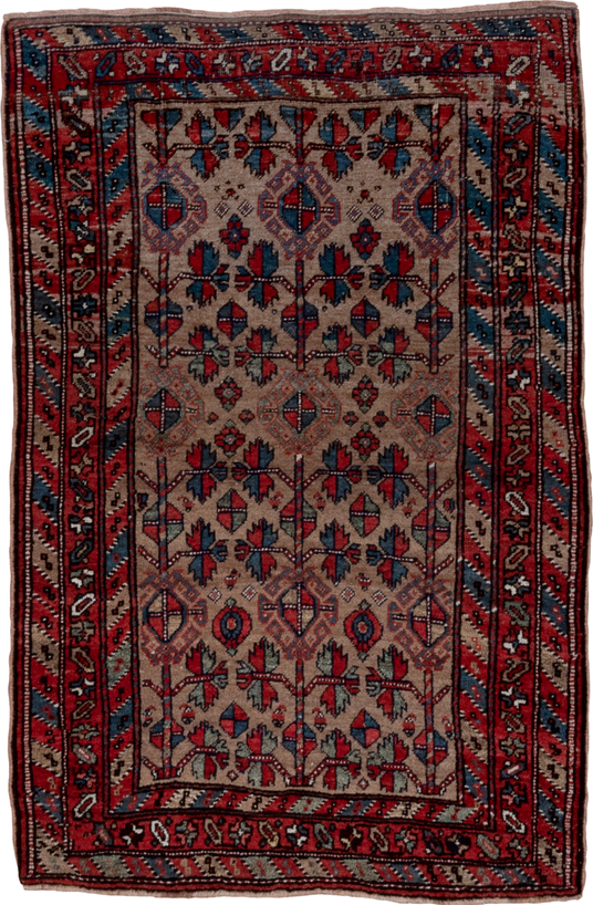 3' x 5' one-of-a-kind handmade vintage Kurd small size rug. Color palette: rust, camel, indigo, ivory, crimson, charcoal
