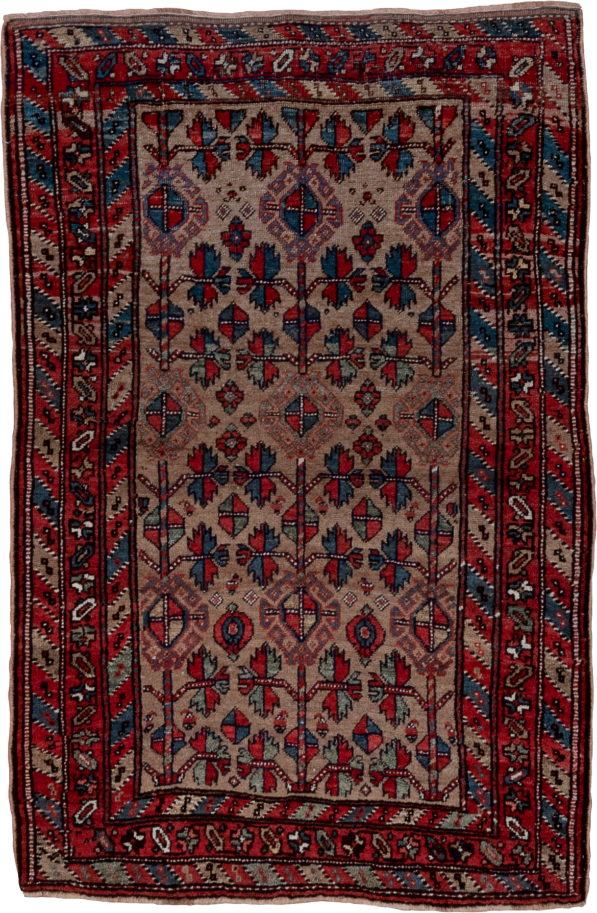 3' x 5' one-of-a-kind handmade vintage Kurd small size rug. Color palette: rust, camel, indigo, ivory, crimson, charcoal