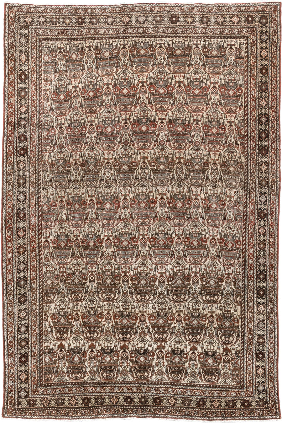 4' x 6' one-of-a-kind handmade antique Abadeh rug. Color palette: ivory, rust, brown, slate, charcoal, taupe, terracotta