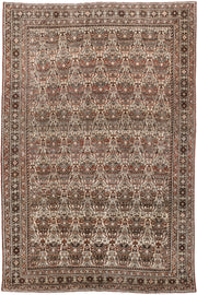 4' x 6' one-of-a-kind handmade antique Abadeh rug. Color palette: ivory, rust, brown, slate, charcoal, taupe, terracotta