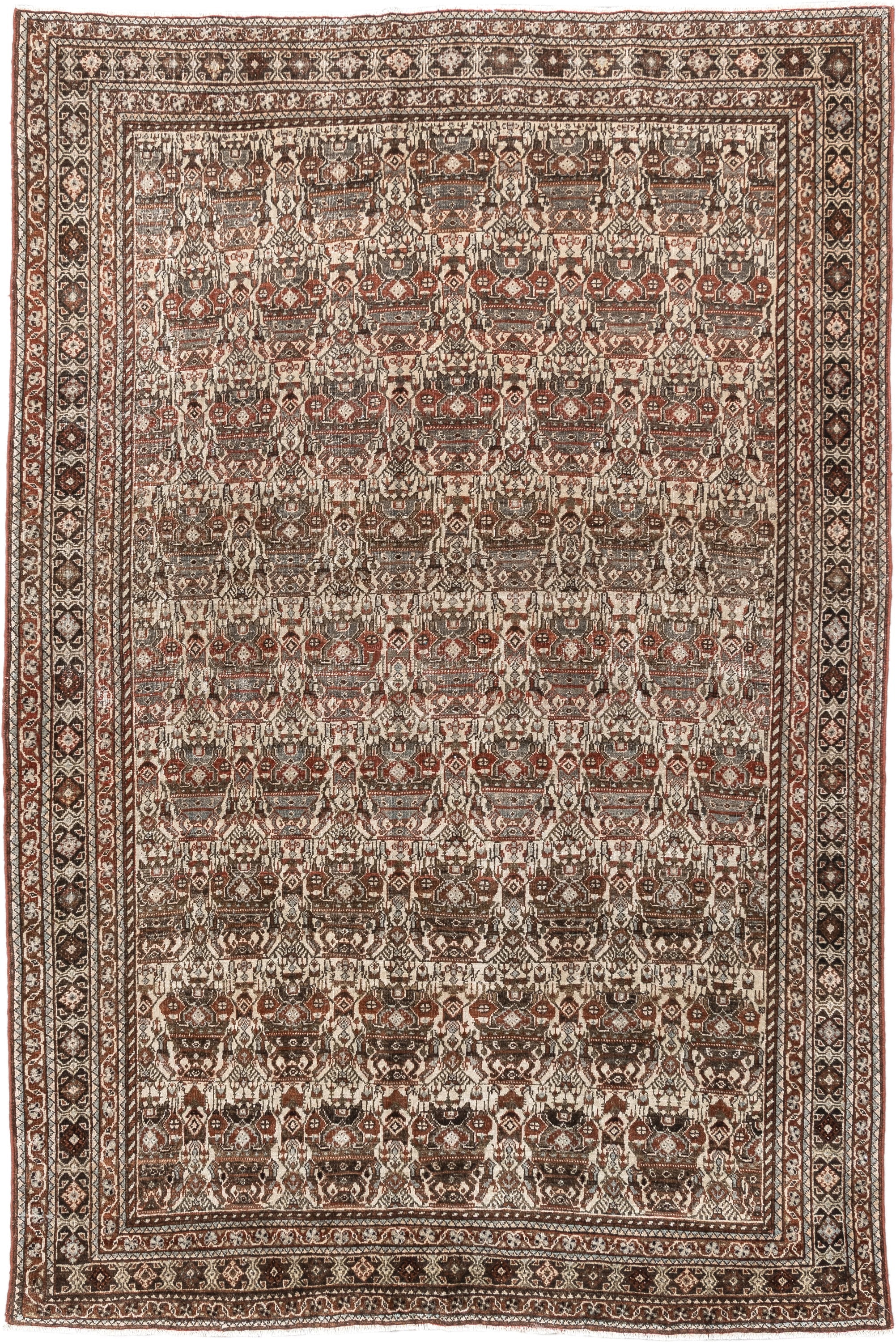 4' x 6' one-of-a-kind handmade antique Abadeh rug. Color palette: ivory, rust, brown, slate, charcoal, taupe, terracotta