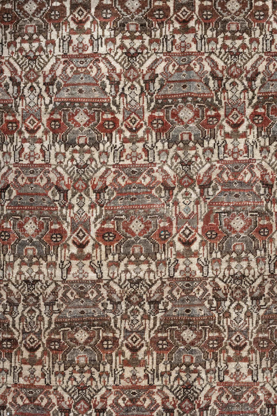 4' x 6' one-of-a-kind handmade antique Abadeh rug. Color palette: ivory, rust, brown, slate, charcoal, taupe, terracotta